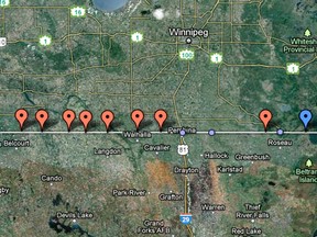 A map of Manitoba's border crossings (red dots). (Google Maps)