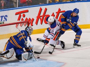 Oilers callup Teemu Hartikainen was stopped on this scoring attempt in Tuesday's game in Buffalo. He was minus-four on the night. (AFP)