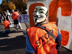 A demonstrator wearing a Guy Fawkes mask on the back of her head, calls for the cancellation of the Keystone XL pipeline during a rally in front of the White House in Washington on November 6, 2011. (REUTERS/Joshua Roberts)