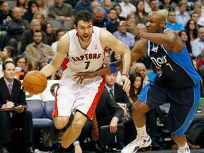 Raptors center Andrea Bargnani drives on Dallas Mavericks forward Lamar Odom in Dallas.  (REUTERS/Mike Stone)