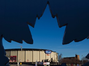 Rexall Place can be seen through one of the remaining World Junior decorations at Northlands in Edmonton, Alberta on Sunday, January 1, 2012. The international hockey tournament will finish as scheduled in Calgary. AMBER BRACKEN/EDMONTON SUN/QMI AGENCY