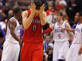 Jose Calderon reacts after the Raptors  fell 97-62 to the 76ers in Philadelphia on Saturday night. The Raptors are at home on Monday night against the Minnesota Timberwolves. (Reuters)