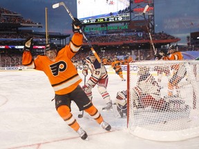 Philadelphia's Brayden Schenn scores his first NHL goal against the New York Rangers in Monday's Winter Classic. (REUTERS)