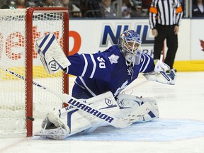 Leafs goalie Jonas Gustavsson makes a save against the Lightning Tuesday at the Air Canada Centre. (US Presswire)