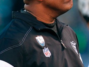 Oakland Raiders head coach Hue Jackson reacts late in the game against the San Diego Chargers during their NFL football game in Oakland, California January 1, 2012. (REUTERS/Robert Galbraith)