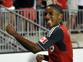 Toronto's Joao Plata celebrates his goal against Real Salt Lake during the second half of an MLS soccer match in Toronto August 13, 2011.  (REUTERS/ Mike Cassese)