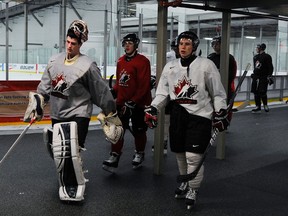 Canada goaltender Scott Wedgewood and forward Brendan Gallagher lead their team to the dressing room after practice in Calgary, Alta., Jan. 4, 2012. (TODD KOROL/Reuters)