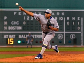 Chicago Cubs starting pitcher Carlos Zambrano pitches against the Boston Red Sox during the first inning of their MLB Interleague baseball game at Fenway Park in Boston, Massachusetts May 21, 2011. (REUTERS/Adam Hunger)