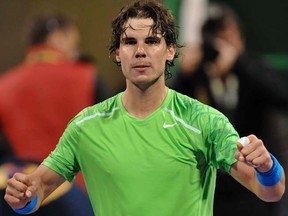 Rafael Nadal reacts after defeating Mikhail Youzhny during the Qatar Open in Doha on Thursday, Jan. 5, 2012. (REUTERS/Mohammed Dabbous)