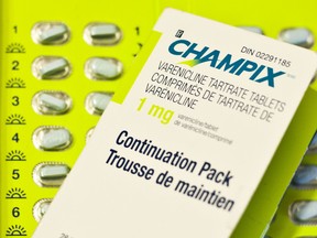 Pfizer started marketing its drug varenicline, brand name Champix, in January 2011, and has continued to expand its publicity campaign since a September study by the Canadian Medical Association Journal concluded it heightens a person's risk of heart problems by 72%. (CARMINE MARINELLI/QMI AGENCY)