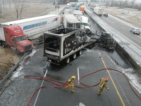 No one was killed in this spectacular truck crash near Kingston on Jan. 12, but OPP say a dramatic increase in road deaths in January has led to a crackdown in traffic enforcement across the province. (QMI Agency photo)