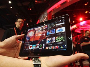 A Samsung tablet runs a Ustream App at the Verizon booth during the 2012 International Consumer Electronics Show (CES) in Las Vegas, Nevada, Jan. 11, 2012.  REUTERS/Steve Marcus