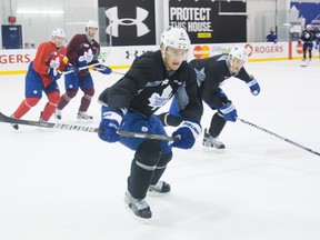 Luke Schenn takes part in Thursday's Maple Leafs practice at the MasterCard Centre. The defenceman is not concerned about rumours of a possible trade to Philly, where he would join his brother Brayden. (Ernest Doroszuk, Toronto Sun)