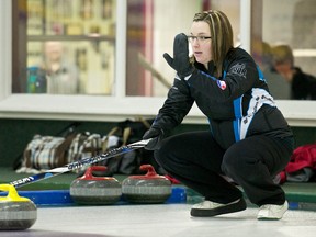 Skip Valerie Sweeting calls a shot during the Northern Alberta Curling Association Scotties Women Northern Playdown's A Final against the Johnson rink from Spruce Grove at the Thistle Curling Club in Edmonton Saturday.  Sweeting's rink from Saville won by 7-2.
Ian Kucerak, Edmonton Sun