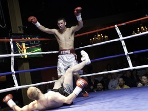 Adam Trupish of Edmonton towers over Janks Trotter of Calgary after leveling him 72 seconds into the first round Friday night at the sold-out Desperados nightclub in Calgary.
Guhdar Photography