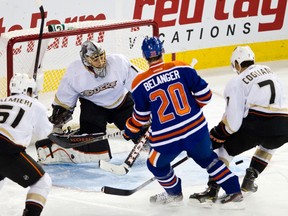 Eric Belanger can't get past Jonas Hiller during the second period of the Edmonton Oilers 5-0 loss against the Anaheim Ducks at Rexall Place on Friday.
Codie McLachlan, Edmonton Sun