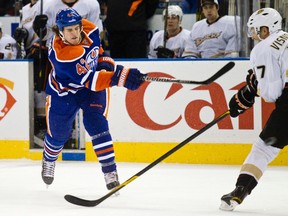 Ryan O'Marra rips a slap shot past Lubomir Visnovsky during the first period of the Edmonton Oilers 5-0 loss against the Anaheim Ducks Friday.
Codie McLachlan, Edmonton Sun