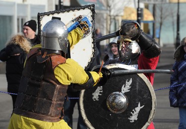 The Society For Creative Anachronism demostrates medieval fighting at the Deep Freeze Festival on 118 ave and 94 st in Edmonton, Ab on Jan 7, 2012. The festival wraps up today.      PERRY MAH/EDMONTON SUN  QMI AGENCY