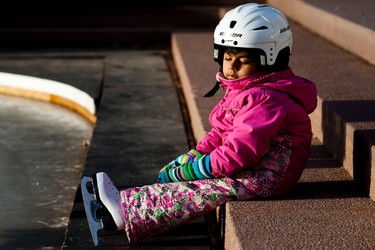 Safeera Damji, 3, looks impressed about learning to skate on a warm day in Edmonton on Sunday, January 8, 2012. CODIE MCLACHLAN/EDMONTON SUN QMI AGENCY