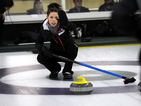 Skip Candace Wanechko gives out instructions during the B Final at the Northern Alberta Association Scotties Womens Playdown at the Thistle Curling Club ion Sunday.
Perry Mah, Edmonton Sun
