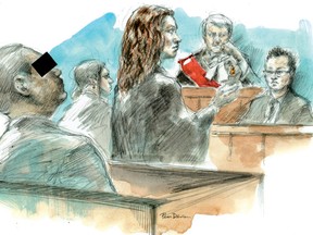 A man accused of years of domestic violence watches as Crown attorney Eadit Rokach questions witness Dr. Maurice Siu. Justice Lawrence Pattillo and defence attorney Uma Kancharla look on. (Illustratioon by Pam Davies/QMI Agency)