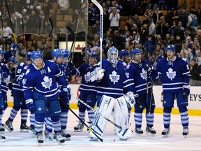 Maple Leafs players celebrate a recent victory over the Winnipeg Jets. (Reuters)