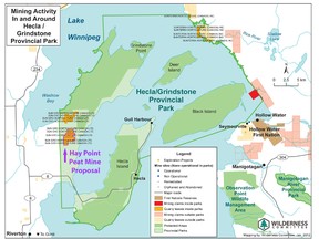 A Wilderness Committee map shows the proposed peat mining locations in Hecla/Grindstone Provincial Park. (COURTESY wildernesscommittee.org)
