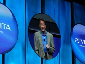 Kazuo Hirai, President and Group CEO of Sony Computer Entertainment, is seen on a screen as he presents the new PlayStation Vita handheld games device in this June 6, 2011 file photo. REUTERS/Mario Anzuoni