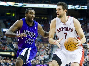 Andrea Bargnani, going up against  Sacramento Kings' Donte Greene on Wednesday night, had an MRI on Thursday, The Raptors are expected to update the calf injury on Friday.  (Ernest Doroszuk, Toronto Sun)