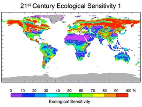 Predicted percentage of ecological landscape being driven toward changes in plant species as a result of projected human-induced climate change by 2100. (NASA/JPL-Caltech/HO)