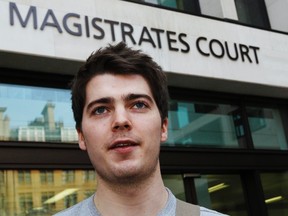 British student Richard O'Dwyer speaks to members of the media as he arrives at Westminster Magistrates' Court in London Jan. 13, 2012. O'Dwyer will learn on Friday whether he is to be extradited to the United States for breaching U.S. copyright law by running a website that allowed users to access films and TV programs illegally, in the first case of its kind.   REUTERS/Luke MacGregor