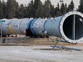A cyclindrical component sits on blocks  at the site where a canceled BA Energy upgrader would have been located, west of Bruderheim, Alberta on Jan. 11, 2012. The site is east of a pumping station to be built by Enbridge pending approval of the Northern Gateway pipeline.  IAN KUCERAK/QMI AGENCY