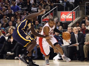 Raptors' Leandro Barbosa drives against Lance Stephenson of the Indiana Pacers during first-half action at the Air Canada Centre on Friday night, (Michael Peake, Toronto Sun)