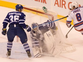 Rangers' Brandon Prost gives Leafs goalie Jonas Gustavsson a snow job on Saturday night at the Air Canada Centre. (Jack Boland/Toronto Sun)