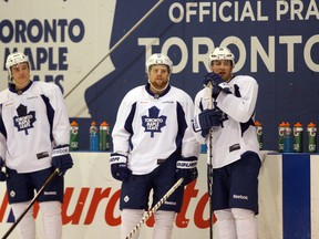 Leafs forward Tyler Bozak (left) is returning from injury to play alongside Phil Kessel (centre) and Joffrey Lupul on the first line. (Michael Peake/Toronto Sun)