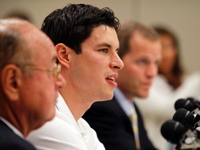 Penguins forward Sidney Crosby speaks to the media at the CONSOL Energy Center in Pittsburgh, Penn., Sep. 7, 2011. (JASON COHN/Reuters)