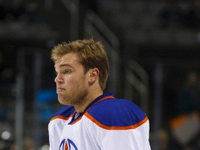 Taylor Hall, shown here before a game against the San Jose Sharks in December, was cut in the face during a pregame warmup mishap with Corey Potter Tuesday in Columbus, Ohio. Hall wasn't wearing a helmet during the warmup. (US Presswire)