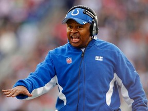 Indianapolis Colts head coach Jim Caldwell yells at the officials in the first half of their NFL football game against the New England Patriots in Foxborough, Massachusetts Dec. 4, 2011.  (REUTERS/Brian Snyder)\