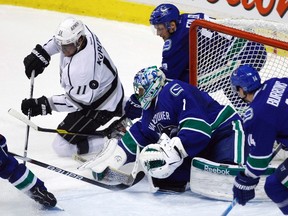 Kings forward Anze Kopitar is stopped by Canucks goaltender Roberto Luongo at Rogers Arena in Vancouver, B.C., Jan. 17, 2012. (BEN NELMS/Reuters)