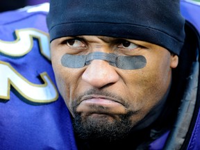 A mean-looking Ray Lewis of the Baltimore Ravens gives the Houston Texans the stare during last week's playoff game in Baltimore. The Ravens face the favoured New England Patriots in Sunday's AFC championship game. (GETTY IMAGES)
