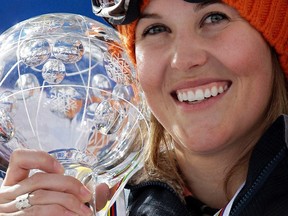 Canada's Sarah Burke celebrates after winning the ladies' halfpipe freestyle FIS World Cup Grand Finals 2008 in Chiesa Valmalenco in this March 12, 2008 file photo. (REUTERS/Alessandro Garofalo/Files)