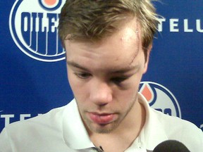 Edmonton Oilers Taylor Hall's vicious injury after his forehead was cut by another players skate during a pre-game warm-up skate in Columbus.  ROBERT TYCHKOWSKI/EDMONTON SUN