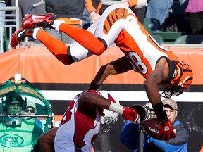 Cincinnati Bengals wide receiver Jerome Simpson (top) jumps over top Arizona Cardinals' Daryl Washington (58) and into the end zone for the touchdown during the first half of play in their NFL football game Paul Brown Stadium in Cincinnati, Ohio, Dec. 24, 2011.      (REUTERS/John Sommers II)