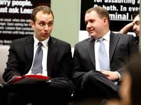Max Reed and Adam Chaleff-Freudenthaler talk during the audit of Mayor Rob Ford's election campaign at the compliance audit committee last May. (DAVE ABEL/Toronto Sun)
