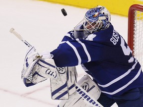Leafs goalie Jonas Gustavsson makes a sve in the third period against the Wild on Thursday. (Craig Robertson/Toronto Sun)