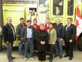 Gail Shea, Minister of National Revenue, accompanied by Mr. Bob Zimmer (far right), and members of the Prince George Volunteer Firefighters Association visited the Pineview Fire Hall to promote the new tax credit for volunteer firefighters. (Supplied Photo)