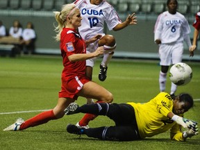 Cuba's goalkeeper Lucylena Martinez Rodriguez stops Canada's Kaylyn Kyle during the second half of their CONCACAF women's Olympic qualifying soccer match in Vancouver, B.C. Jan. 21, 2012. (REUTERS/Andy Clark)