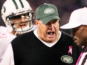 New York Jets coach and former Ravens' assistant Rex Ryan thinks the Ravens will overwhelm the New England Patriots with their defence on Sunday. (REUTERS)