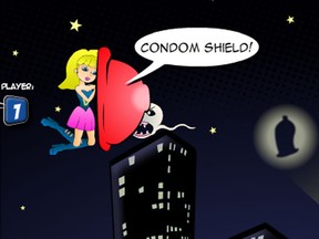 Wonder Vag uses a condom to defend herself against the Sperminator. (Adventures in Sex City)