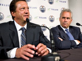 General manager Steve Tambellini and Tom Renney during an announcement at Rexall Place on June 22, 2010, that Renney was replacing Pat Quinn as the Edmonton Oilers head coach. That, however, could change soon.
Amber Bracken, Edmonton Sun
